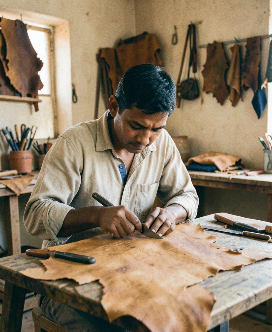 An artisan cutting buffalo hide on a wooden workshop table