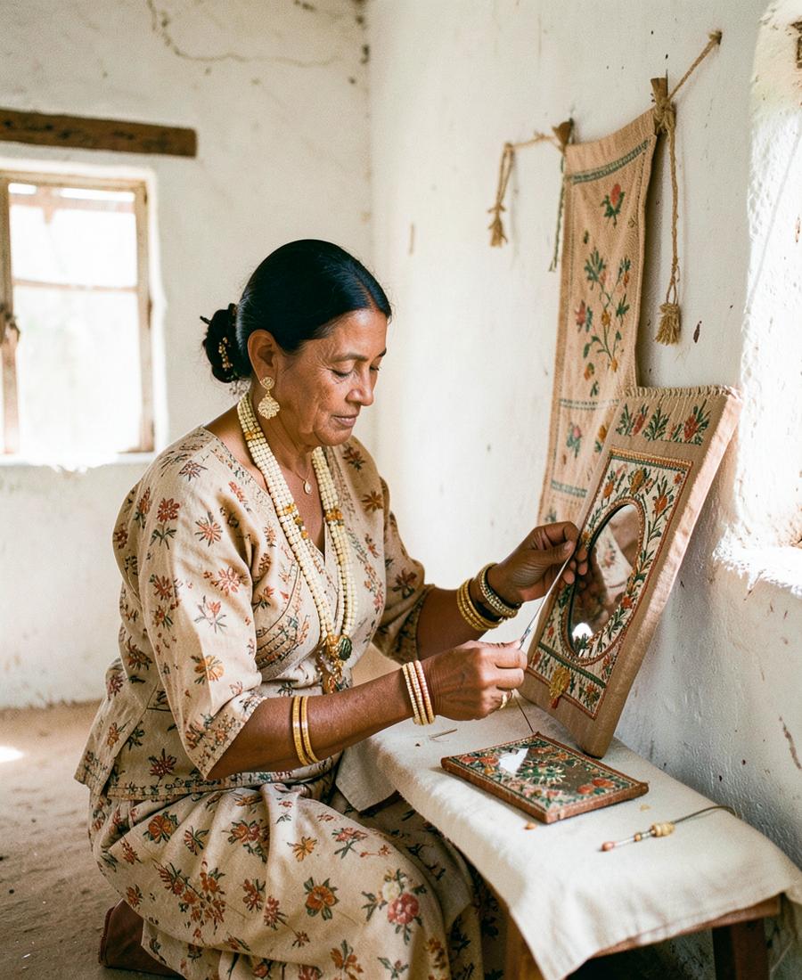 An artisan working mirror embroidery on a panel in daylight