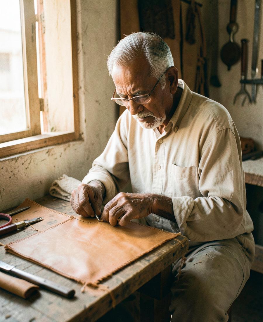 An artisan hand-stitching a tan leather panel at a workbench in Bhuj